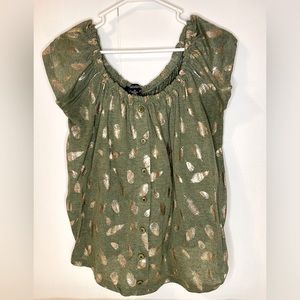 Sage and Gold Foil Feathered Women’s 2XL Top/Blouse/Shirt